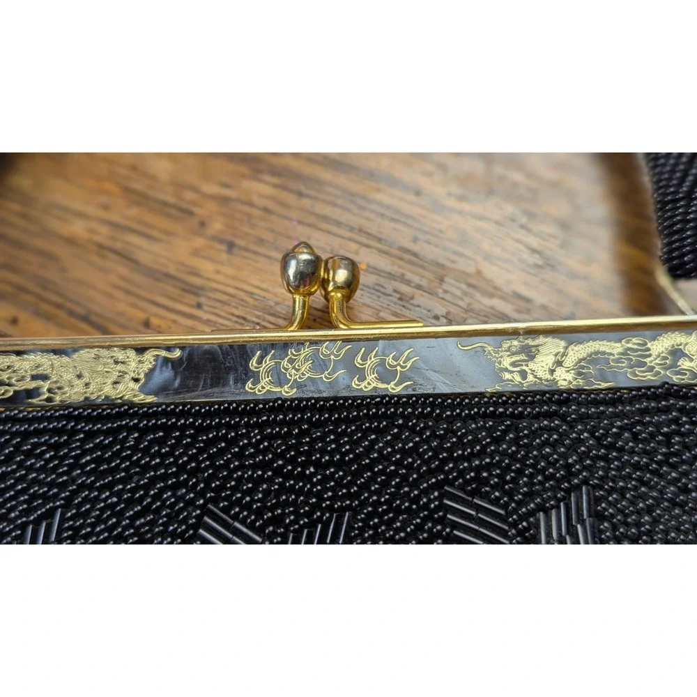 Vintage Beaded Kimono Kiss Lock Purse Pouch Handbag Black Handmade In Hong Kong
